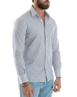 Camicia uomo cotone slim fit collo francese righe bastoncino sottile blu GIOSAL-C2912A