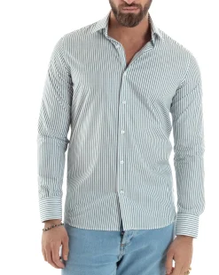 Camicia uomo cotone slim fit collo francese righe bastoncino sottile verde GIOSAL-C2911A