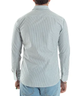 Camicia uomo cotone slim fit collo francese righe bastoncino sottile verde GIOSAL-C2911A