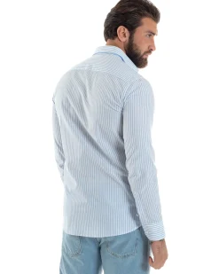 Camicia uomo cotone slim fit collo francese righe bastoncino sottile celeste GIOSAL-C2910A