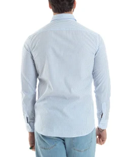 Camicia uomo cotone slim fit collo francese righe bastoncino sottile celeste GIOSAL-C2910A
