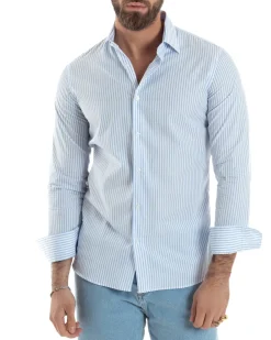 Camicia uomo cotone slim fit collo francese righe bastoncino sottile celeste GIOSAL-C2910A
