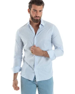 Camicia uomo cotone slim fit collo francese righe bastoncino sottile celeste GIOSAL-C2910A