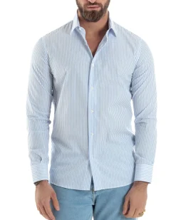Camicia uomo cotone slim fit collo francese righe bastoncino sottile celeste GIOSAL-C2910A