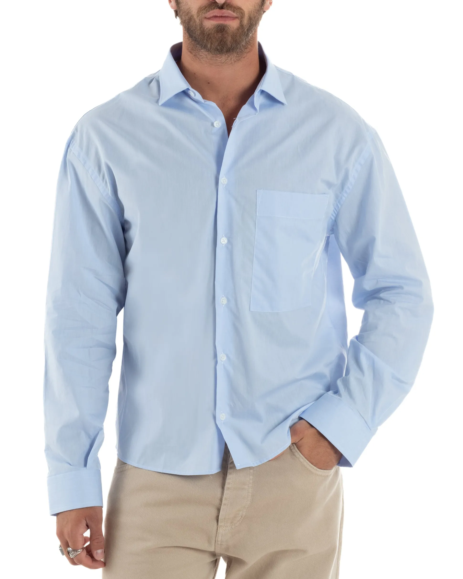 Camicia Uomo Crop Cotone Boxy Fit Celeste C2965A