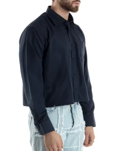 Camicia Uomo Cropped Maniche Lunghe Taschino Boxy Fit Blu C2825A
