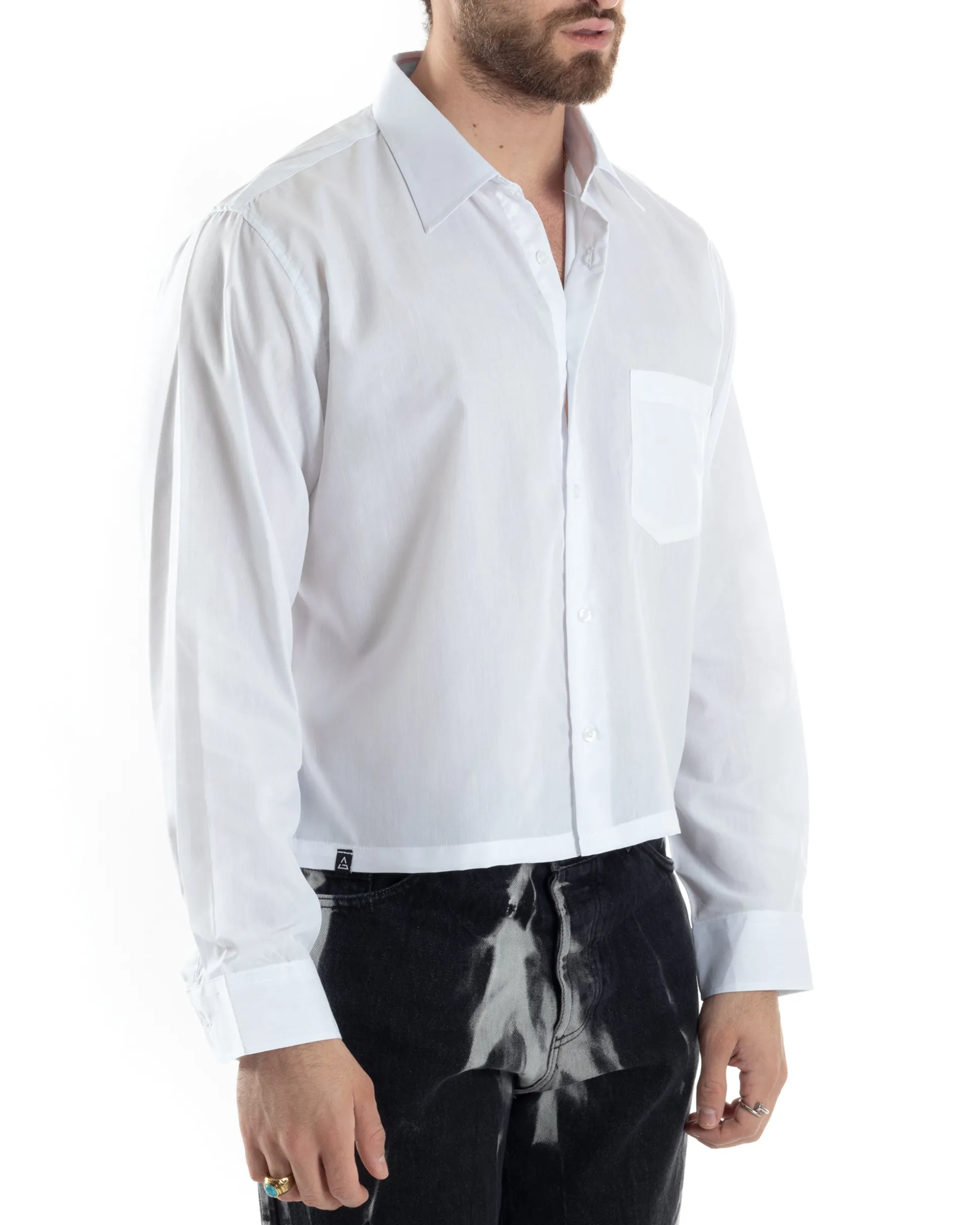 Camicia Uomo Cropped Maniche Lunghe Taschino Boxy Fit Bianco C2822A