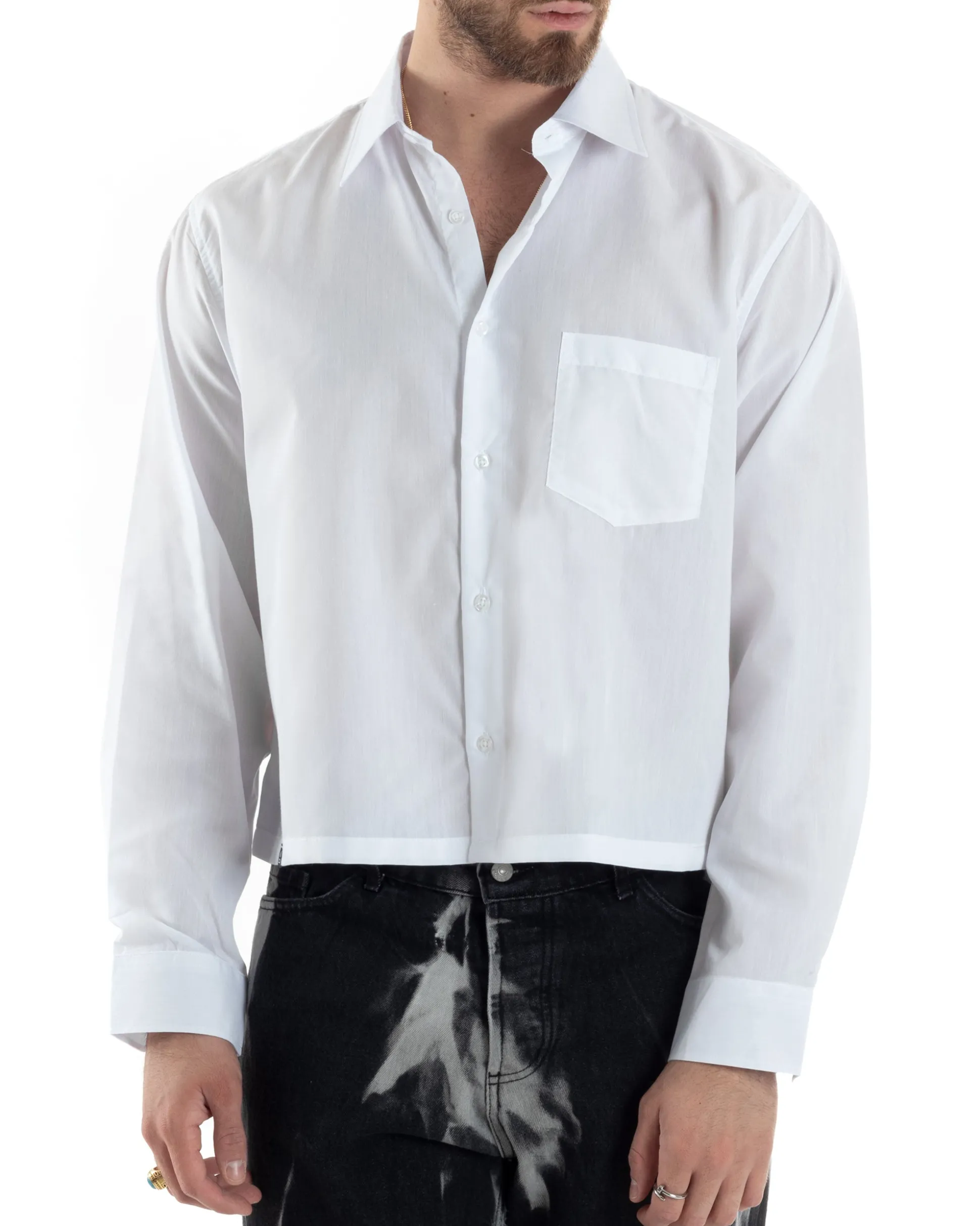 Camicia Uomo Cropped Maniche Lunghe Taschino Boxy Fit Bianco C2822A