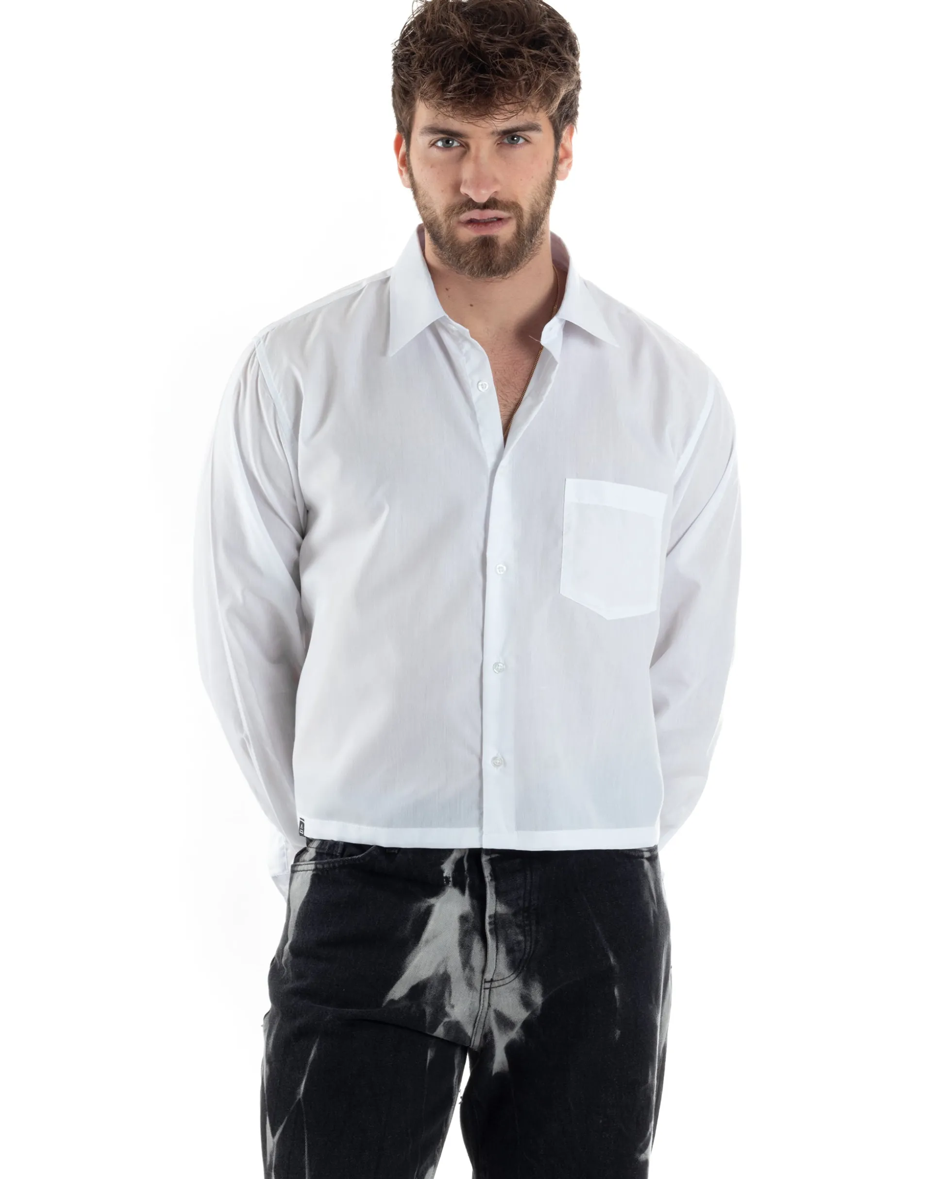 Camicia Uomo Cropped Maniche Lunghe Taschino Boxy Fit Bianco C2822A