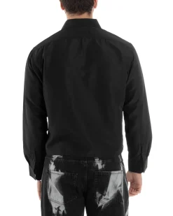 Camicia Uomo Cropped Maniche Lunghe Taschino Boxy Fit Nero C2823A