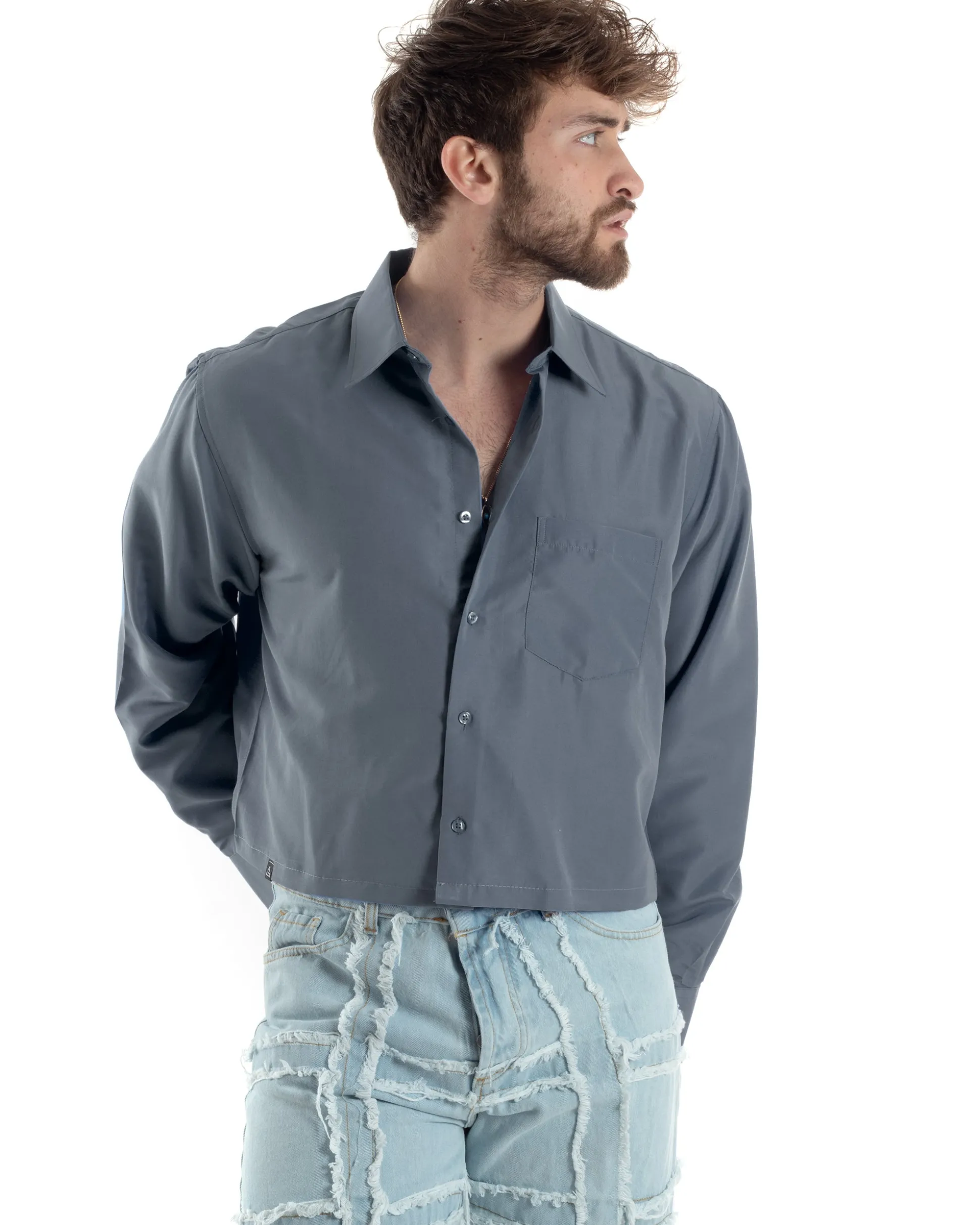 Camicia Uomo Cropped Maniche Lunghe Taschino Boxy Fit Grigio C2826A