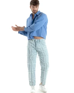 Camicia Uomo Cropped Maniche Lunghe Taschino Boxy Fit Azzurro C2824A