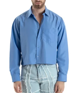 Camicia Uomo Cropped Maniche Lunghe Taschino Boxy Fit Azzurro C2824A
