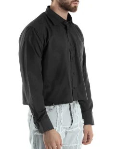 Camicia Uomo Cropped Maniche Lunghe Taschino Boxy Fit Piombo C2827A