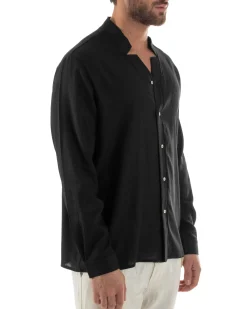 Camicia Uomo In Lino Collo Coreano Scollo V Morbida Leggera Basic Nero GIOSAL-C2955A