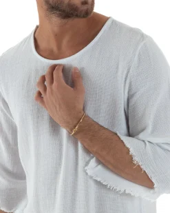 Camicia Uomo In Lino Cotone Casacca Scollata Sfrangiata Morbida Leggera Maniche Tre Quarti Tinta Unita Basic Bianco GIOSAL-C2956A