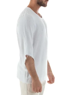 Camicia Uomo In Lino Cotone Casacca Scollata Sfrangiata Morbida Leggera Maniche Tre Quarti Tinta Unita Basic Bianco GIOSAL-C2956A