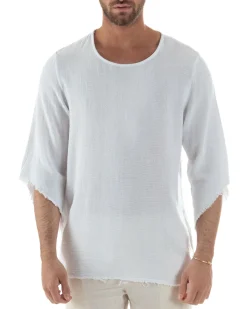 Camicia Uomo In Lino Cotone Casacca Scollata Sfrangiata Morbida Leggera Maniche Tre Quarti Tinta Unita Basic Bianco GIOSAL-C2956A