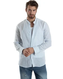 Camicia Uomo Lino Collo Coreano Maniche Lunghe Regular Fit Riga Stretta Celeste GIOSAL-C2862A