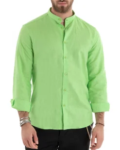 Camicia Uomo Lino Collo Coreano Sartoriale Basic Verde Acido C2671A