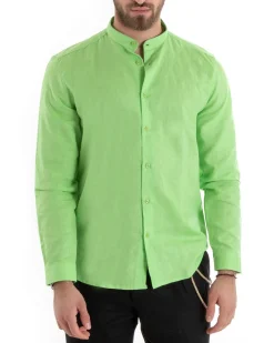 Camicia Uomo Lino Collo Coreano Sartoriale Basic Verde Acido C2671A