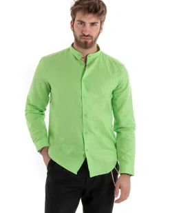 Camicia Uomo Lino Collo Coreano Sartoriale Basic Verde Acido C2671A