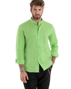 Camicia Uomo Lino Collo Coreano Sartoriale Basic Verde Acido C2671A
