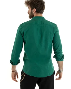 Camicia Uomo Lino Collo Coreano Sartoriale Morbida Tinta Unita Verde Petrolio GIOSAL-C2673A