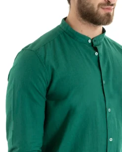 Camicia Uomo Lino Collo Coreano Sartoriale Morbida Tinta Unita Verde Petrolio GIOSAL-C2673A