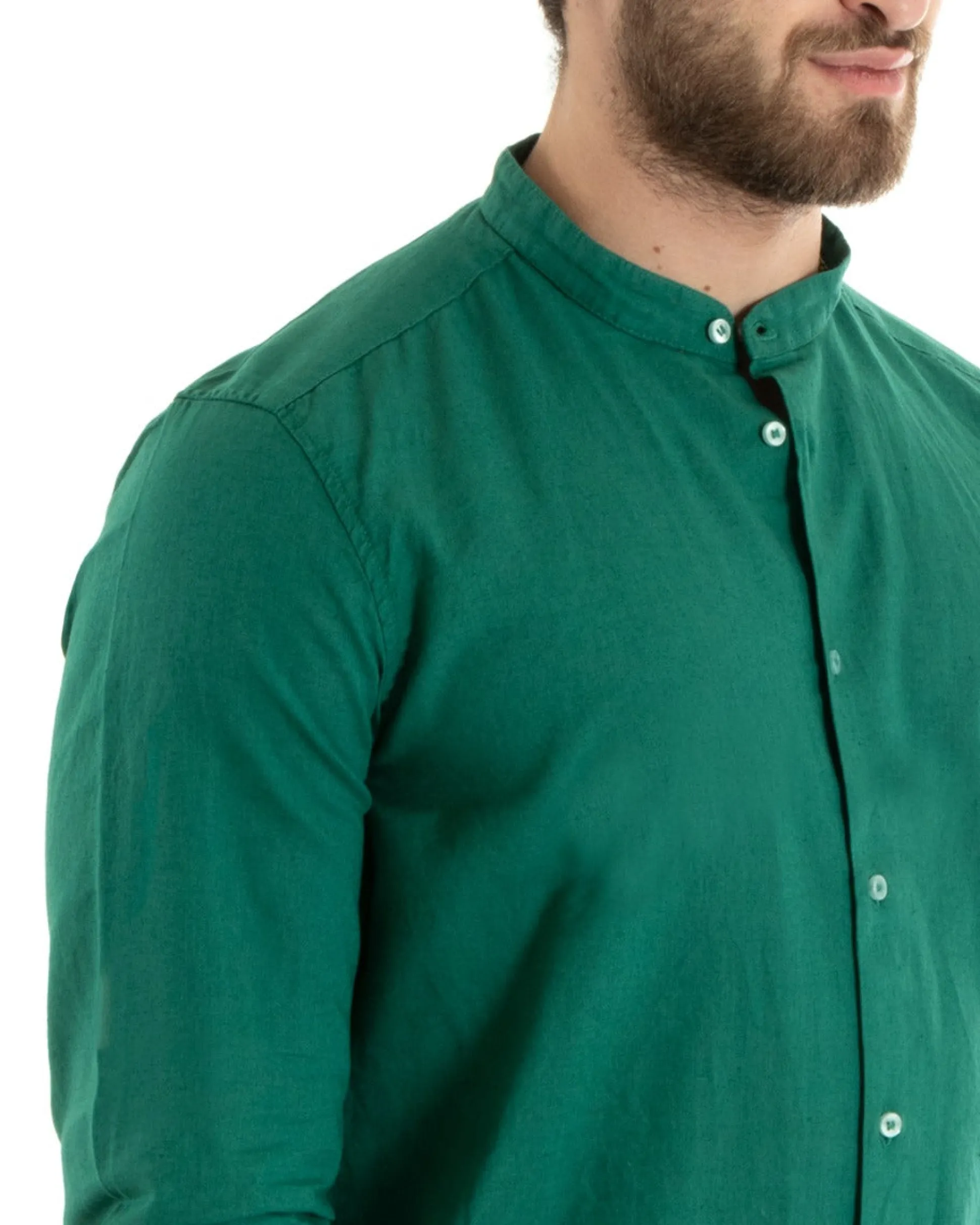 Camicia Uomo Lino Collo Coreano Sartoriale Morbida Tinta Unita Verde Petrolio GIOSAL-C2673A