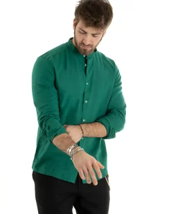 Camicia Uomo Lino Collo Coreano Sartoriale Morbida Tinta Unita Verde Petrolio GIOSAL-C2673A