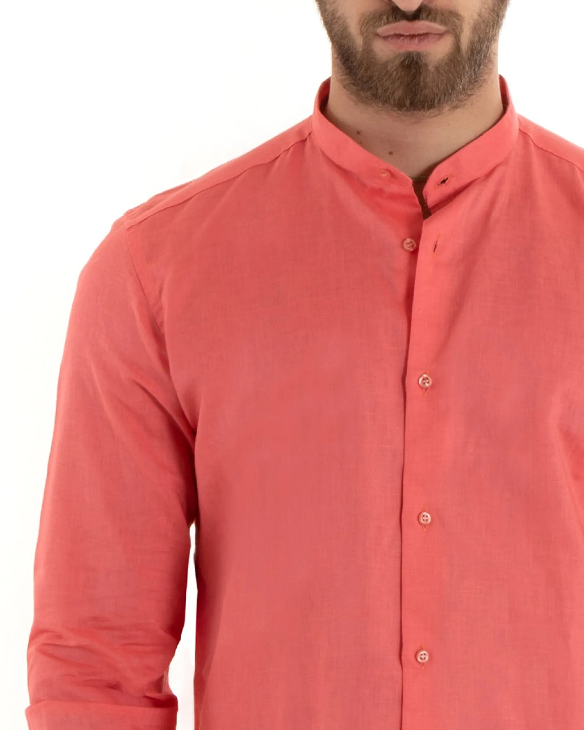 Camicia Uomo Lino Collo Coreano Sartoriale Morbida Tinta Unita Corallo GIOSAL-C2677A