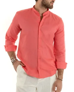 Camicia Uomo Lino Collo Coreano Sartoriale Morbida Tinta Unita Corallo GIOSAL-C2677A