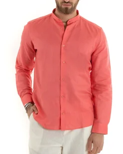 Camicia Uomo Lino Collo Coreano Sartoriale Morbida Tinta Unita Corallo GIOSAL-C2677A