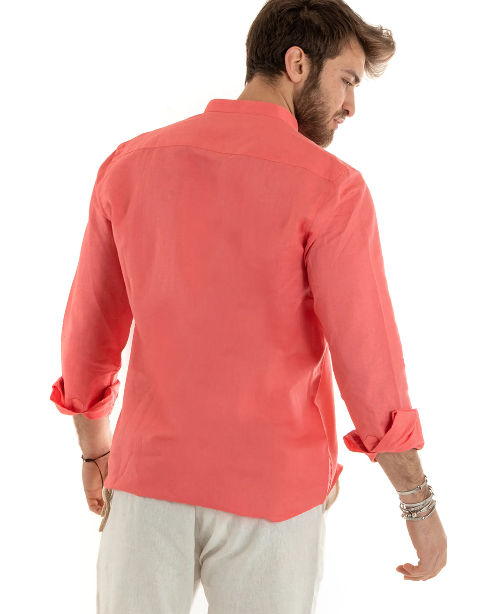 Camicia Uomo Lino Collo Coreano Sartoriale Morbida Tinta Unita Corallo GIOSAL-C2677A