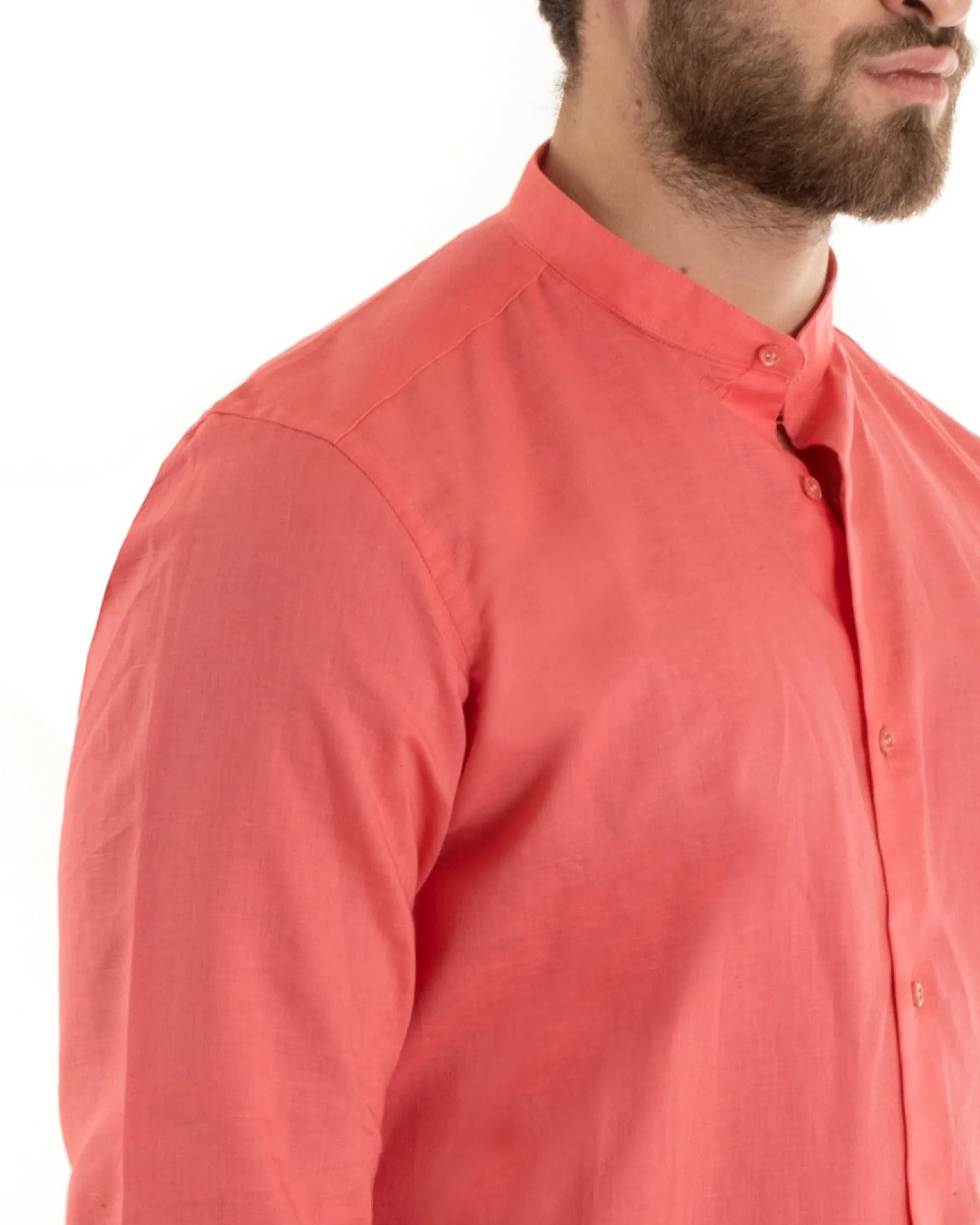 Camicia Uomo Lino Collo Coreano Sartoriale Morbida Tinta Unita Corallo GIOSAL-C2677A