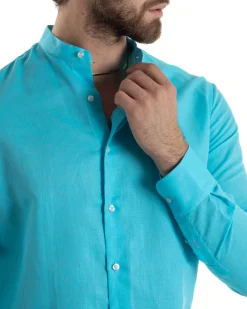 Camicia Uomo Lino Collo Coreano Sartoriale Morbida Tinta Unita Turchese GIOSAL-C2678A