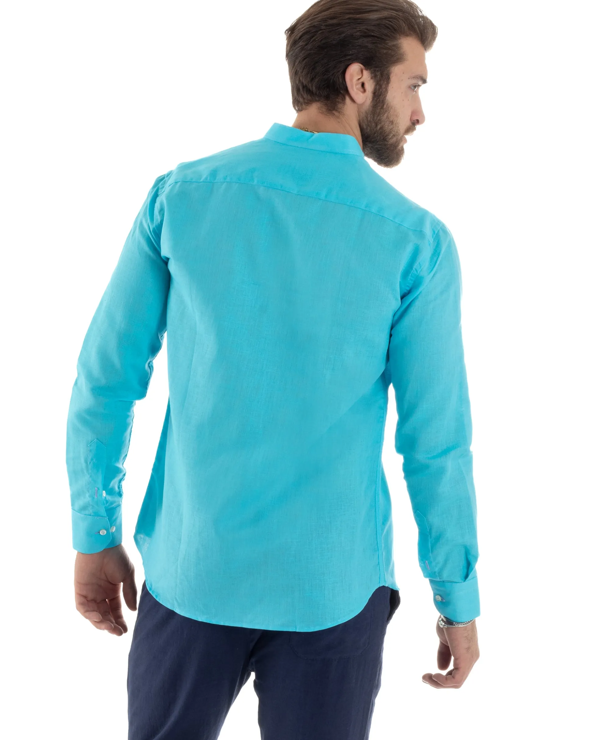 Camicia Uomo Lino Collo Coreano Sartoriale Morbida Tinta Unita Turchese GIOSAL-C2678A