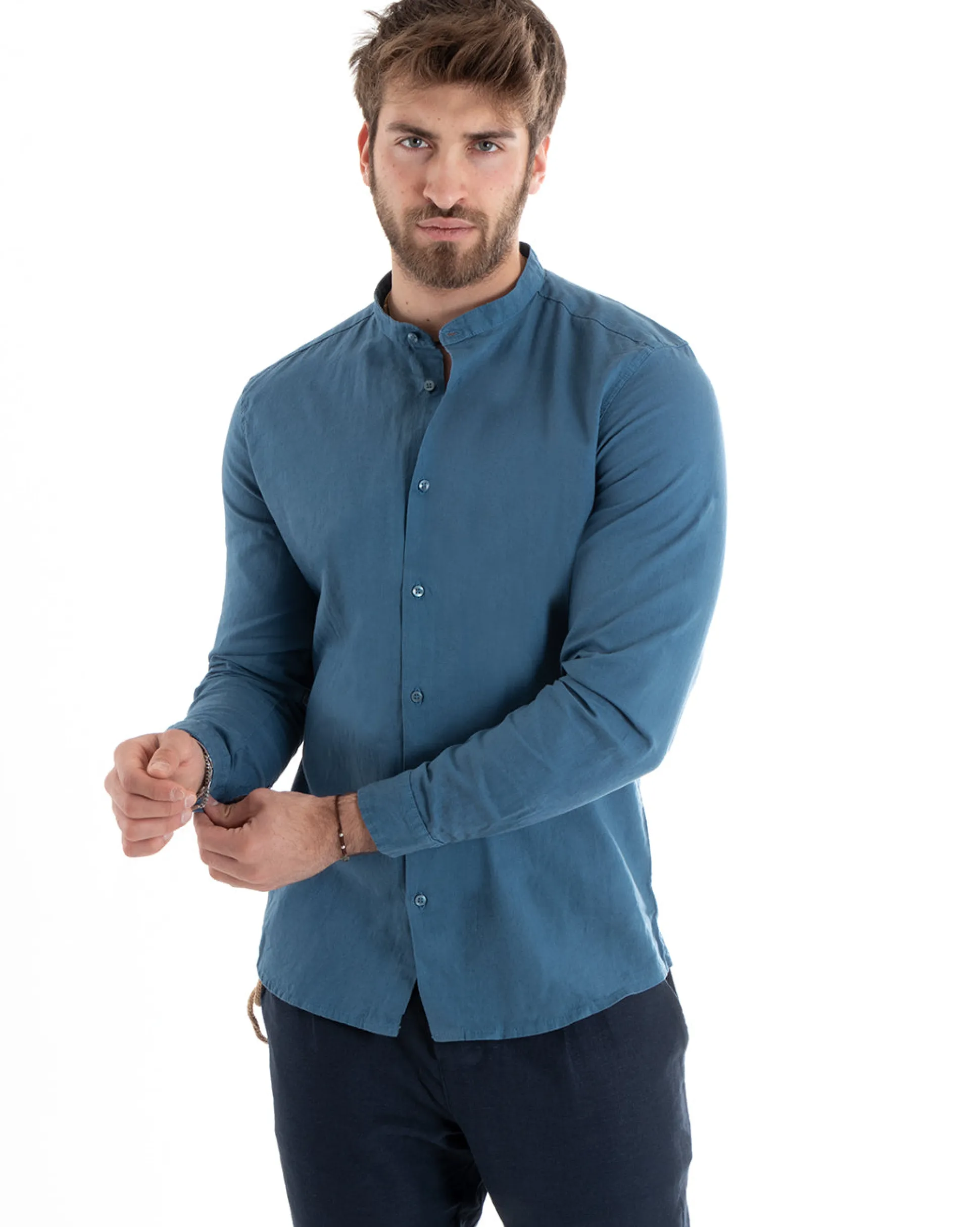Camicia Uomo Lino Collo Coreano Sartoriale Morbida Tinta Unita Avio GIOSAL-C2668A