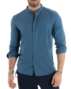 Camicia Uomo Lino Collo Coreano Sartoriale Morbida Tinta Unita Avio GIOSAL-C2668A