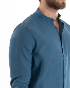 Camicia Uomo Lino Collo Coreano Sartoriale Morbida Tinta Unita Avio GIOSAL-C2668A