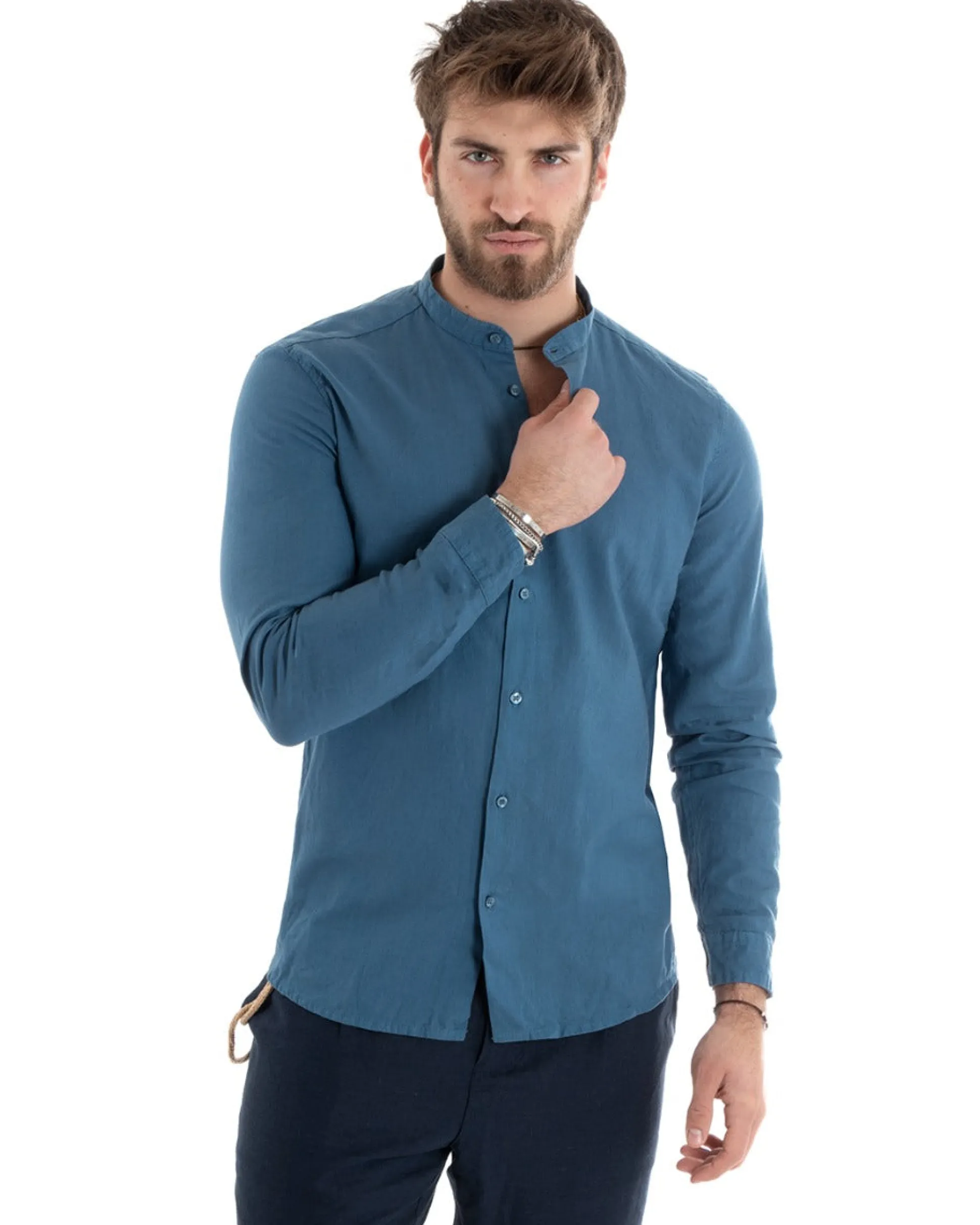 Camicia Uomo Lino Collo Coreano Sartoriale Morbida Tinta Unita Avio GIOSAL-C2668A
