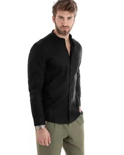 Camicia Uomo Lino Collo Coreano Sartoriale Basic Nero C2667A