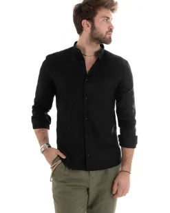 Camicia Uomo Lino Collo Coreano Sartoriale Basic Nero C2667A
