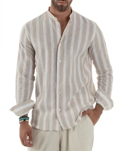 Camicia Uomo Lino Collo Coreano Riga Larga Beige C3018A