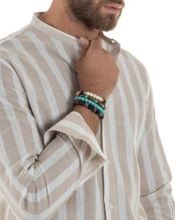 Camicia Uomo Lino Collo Coreano Riga Larga Beige C3018A