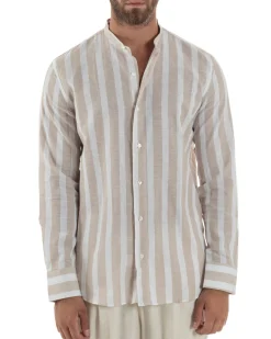 Camicia Uomo Lino Collo Coreano Riga Larga Beige C3018A