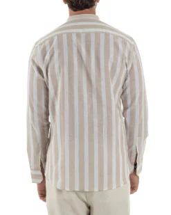 Camicia Uomo Lino Collo Coreano Riga Larga Beige C3018A