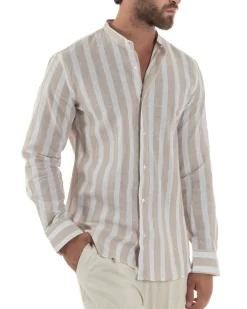 Camicia Uomo Lino Collo Coreano Riga Larga Beige C3018A