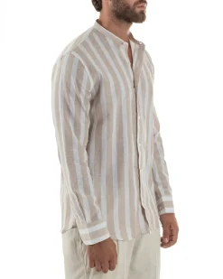Camicia Uomo Lino Collo Coreano Riga Larga Beige C3018A